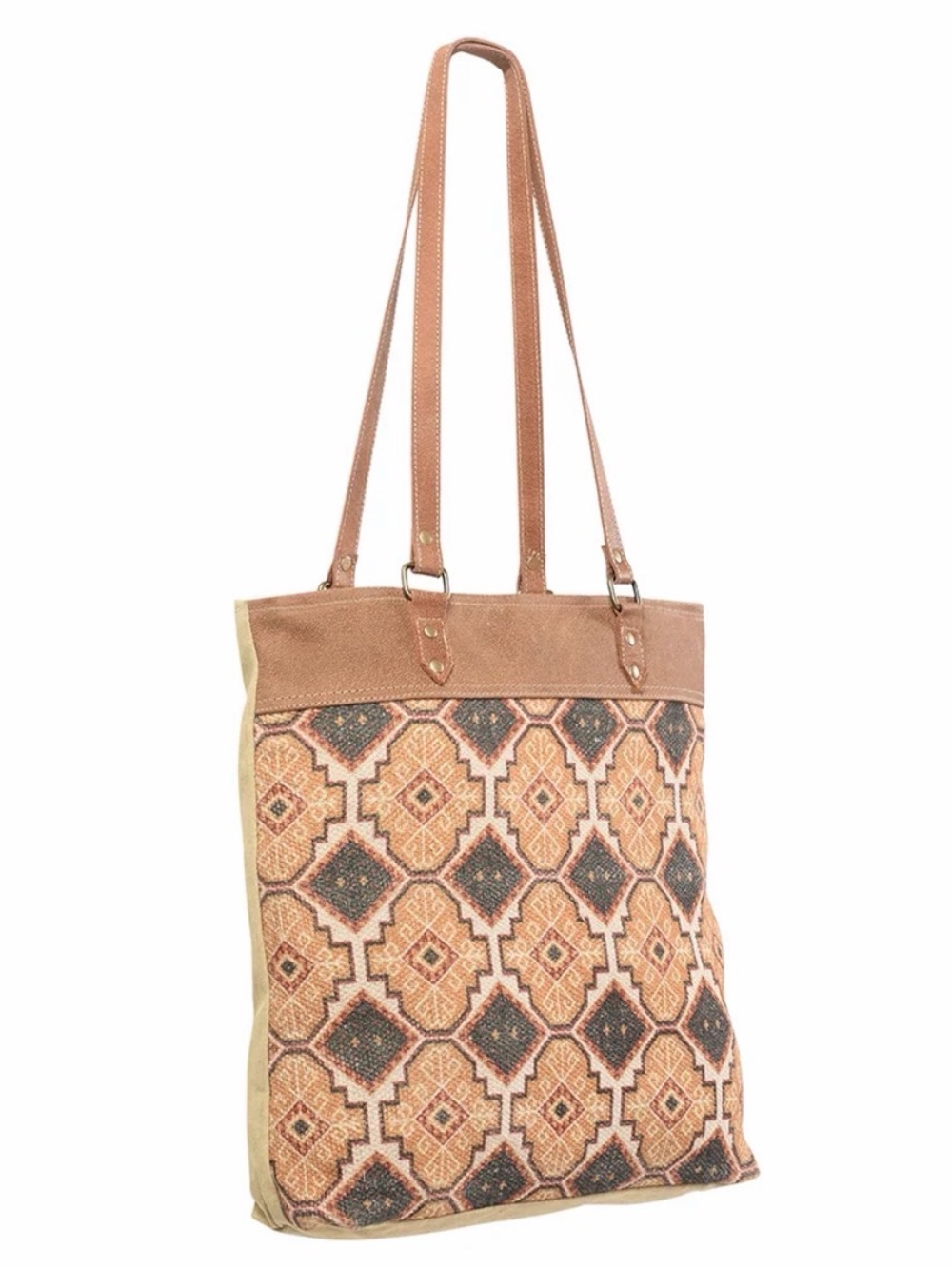 Brown Patterned Tote Bag with Leather Trim